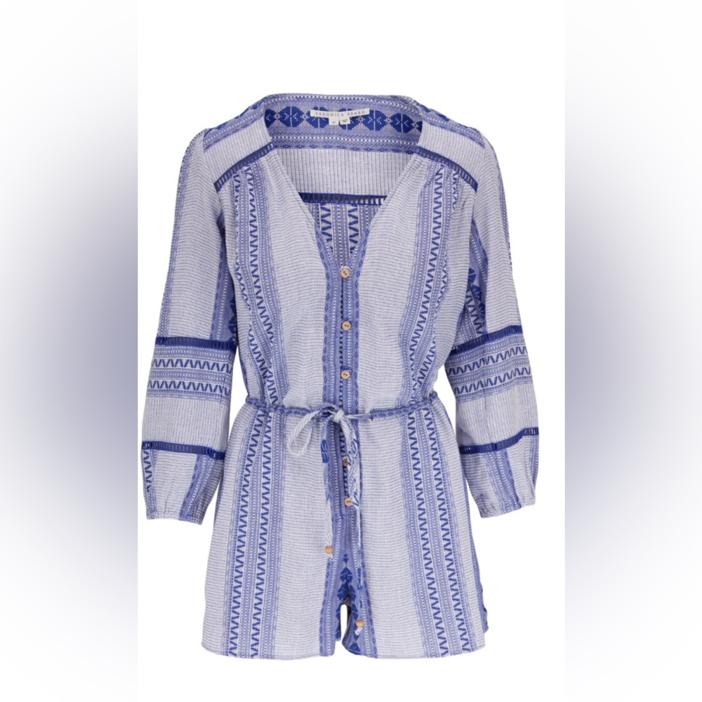 Veronica Beard Cora-
line Embroidered
Romper in Blue/White